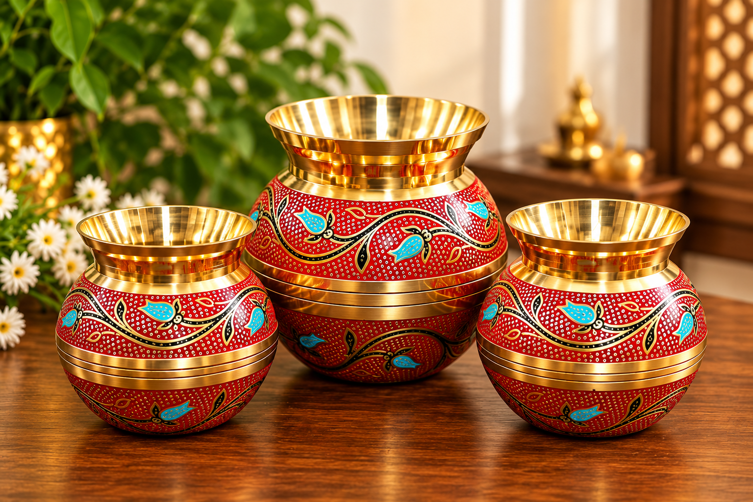 Brass Kalash Set of 3 with traditional decorative detailing